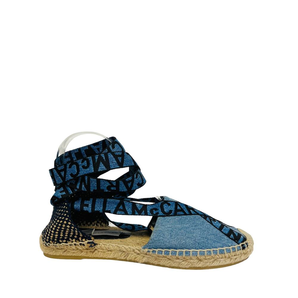 STELLA MCCARTNEY Blue Denim Gaia Canvas Lace Up Ankle Tie Espadrilles Flats 37 - Picture 2 of 8